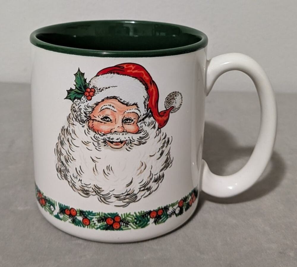 Vtg 1988 Potpourri Press Christmas Santa Claus Face Ceramic Mug - Green Interior